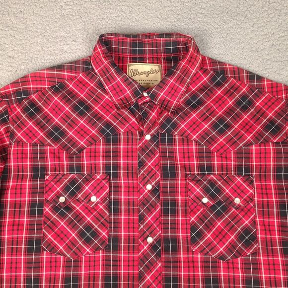 Wrangler Western Shirt Mens 2XL Red‎ Plaid Pearl Snap Flap Pockets Cowboy - Picture 3 of 15
